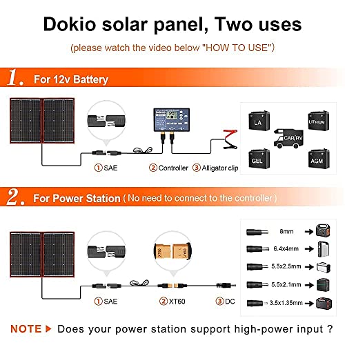 Dokio - Kit de panel solar plegable, ligero, monocristalino con control solar, 2 salidas USB, 100 W, 12V, para caravana o barco (portátil)