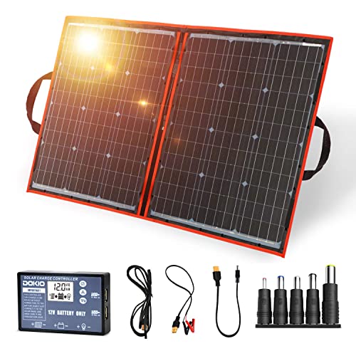 Dokio - Kit de panel solar plegable, ligero, monocristalino con control solar, 2 salidas USB, 100 W, 12V, para caravana o barco (portátil)