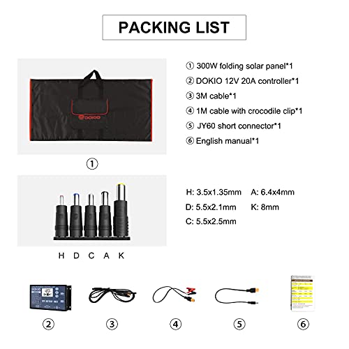 DOKIO Kit Panel Solar Plegable 300W 12V monocristalino portátil, plegable, imermeable,ideal para la energía solar al aire libre, embarcaciones, camping, caravanas o autocaravanas.para batería de 12V