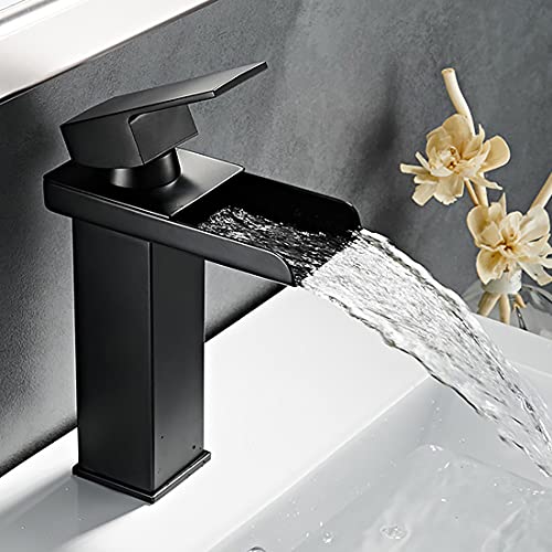 Dolinvo Grifo Cascada Negro para Lavabo Baño Mate Grifería Monomando Cuadrado SUS304 Acero Inoxidable Resistente a la Corrosión Grifo Mezclador Diseño Moderno con Mangueras para Agua Fría y Caliente