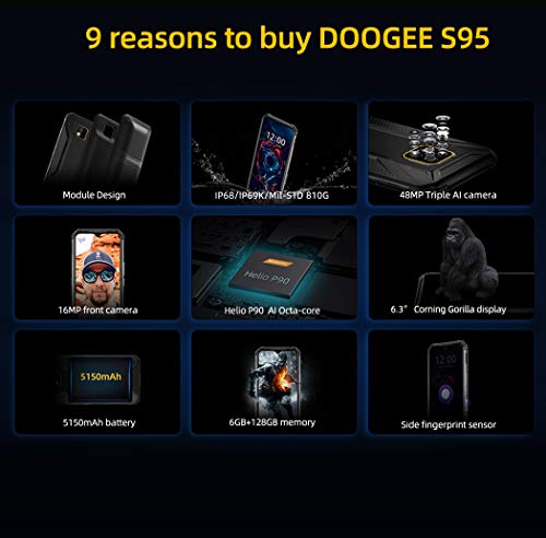 DOOGEE S95 (2020) Móvil Antigolpes - Helio P90 Octa-Core 6GB RAM 128GB ROM, 48MP AI Cámara Triple, Android 9.0 IP68 Móviles Todoterreno Resistentes, Pantalla FHD + de 6.3", NFC, Carga Inalámbrica