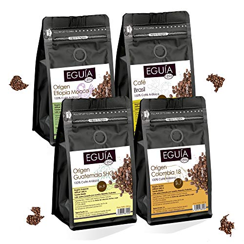 Eguia cafe en grano natural pack de 4 × 250g-No amargo & tostado medio arabica café grain de 4 orígenes Etiopía, Colombia, Guatemala & Brasil