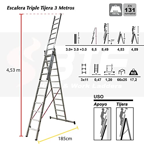 Escalera de Aluminio Extensible Tres Tramos Transformable en Tijera, medidas 3.0 + 3.0 + 3.0 Mts | Escalera Triple Extensible en apoyo hasta 7,25 Metros y en Tijera hasta 4,50 Metros