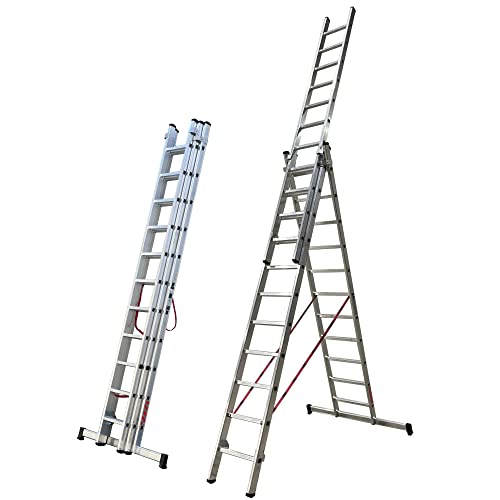 Escalera de Aluminio Extensible Tres Tramos Transformable en Tijera, medidas 3.0 + 3.0 + 3.0 Mts | Escalera Triple Extensible en apoyo hasta 7,25 Metros y en Tijera hasta 4,50 Metros