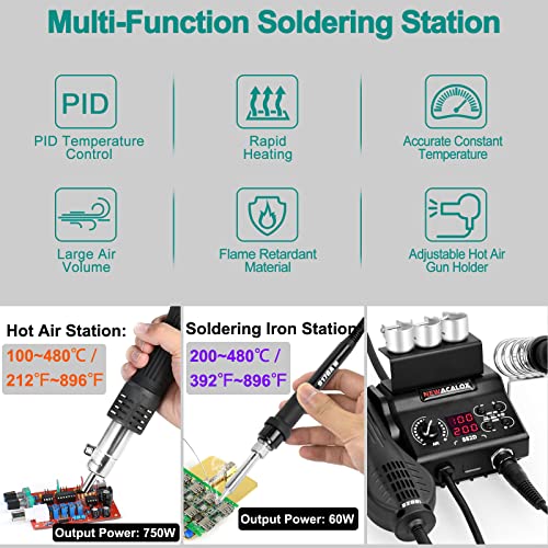 Estación de soldadura 2 en 1 y estación de revisión de aire caliente, temperatura ajustable en ° C ℉ para BGA SMD PCB IC reparación 750 W aire caliente estación de soldadura