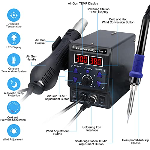 Estación de Soldadura, Preciva 2 en 1 Soldador de Estación Aire Frío/Caliente, Corrección de Temperatura Digital, ° C / ° F Conversión, Función del Sueño, Diseño antiestático(8786D)