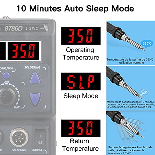 Estación de Soldadura, Preciva 2 en 1 Soldador de Estación Aire Frío/Caliente, Corrección de Temperatura Digital, ° C / ° F Conversión, Función del Sueño, Diseño antiestático(8786D)