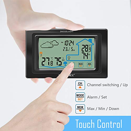 Estación Meteorológica Inalámbrica Con Sensor Exterior Para Predecir La Temperatura Y La Humedad Dentro Y Fuera Del Clima, Con Despertador Con Despertador, Pantalla Táctil (Negro)