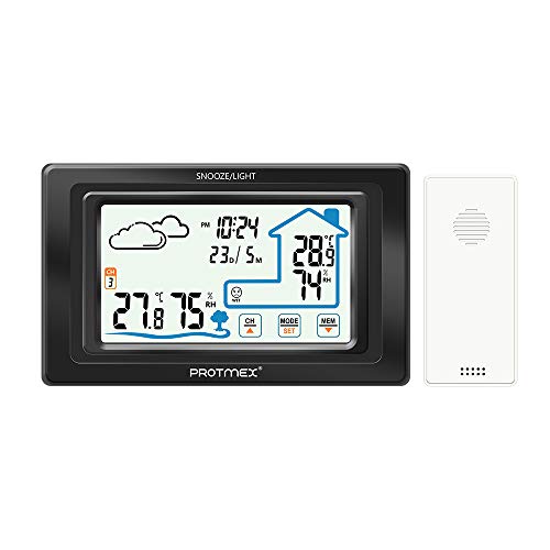 Estación Meteorológica Inalámbrica Con Sensor Exterior Para Predecir La Temperatura Y La Humedad Dentro Y Fuera Del Clima, Con Despertador Con Despertador, Pantalla Táctil (Negro)