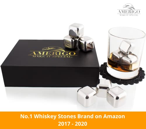 Exclusivo Whisky Piedras Set de Regalo de Acero Inoxidable - Alta Tecnología de Refrigeración - Whisky Stones Gift Set - 8 Reutilizables Cubitos de Hielo para Whisky con Posavasos + Pinzas by Amerigo