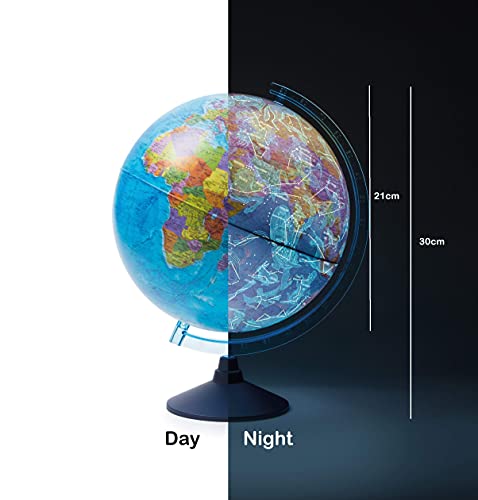 Exerz Globo terráqueo Iluminado 21cm con Iluminación LED Sin Cables Día Y Noche - Mapa de Ingles - Mapa Político / Estrellas De Constelación