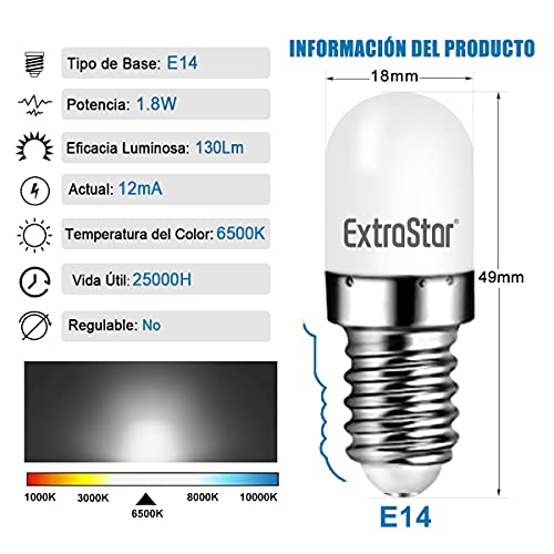 EXTRASTAR Bombilla LED Directivo E14 2W, Equivalente a 14 W Halógena, 6500K Luz Día, 130 Lumen-4 pcs