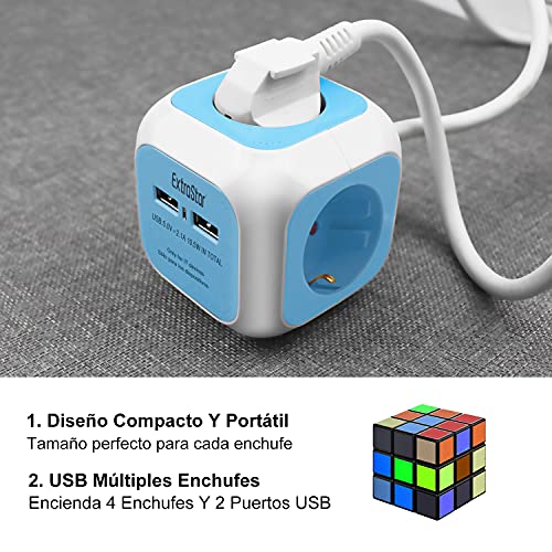 Extrastar PowerCube (Extended USB 1.5 m) Regleta de 4 Salidas, con 2 para Carga de USB 5V (Azul)