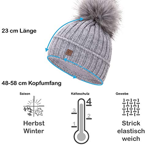 Faera Gorro de Invierno cálido Forro y Piel sintética Gorro de pompón Forro Polar Gorro de Invierno de Punto Gorro de Punto Hombre Mujer Talla única, Color:Gris Claro