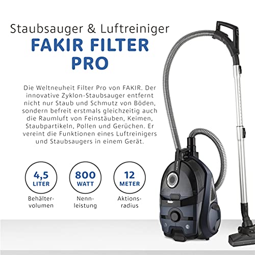 Fakir Filter Pro Bolsa con Aspirador ciclónico, depósito de Polvo de 4,5 l, tecnología de Filtro de 8 Capas, ultrasilencioso, Azul