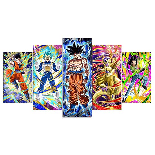 Fbewan Leinwanddrucke Dragon Ball Z Bild Auf Leinwand Gedruckt 5 Panels Drucken Super Saiyan Wandkunst Bilddrucke Leinwände Für Wohnzimmer Dekoration,B,30×50Cm×2+30×70Cm×2+30×80Cm×1