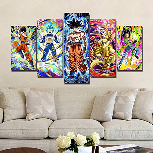 Fbewan Leinwanddrucke Dragon Ball Z Bild Auf Leinwand Gedruckt 5 Panels Drucken Super Saiyan Wandkunst Bilddrucke Leinwände Für Wohnzimmer Dekoration,B,30×50Cm×2+30×70Cm×2+30×80Cm×1