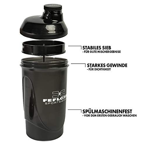 Feflogx Sportswear - Coctelera de proteínas de 600 ml, perfecta para MMA, entrenamiento, artes marciales, fitness, batidora antigoteo, sin BPA, con colador