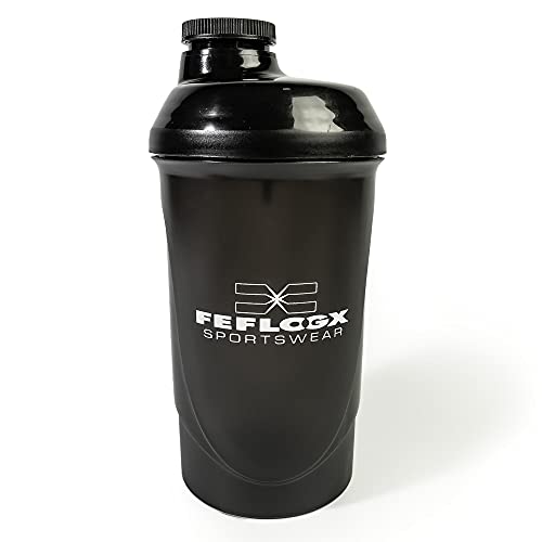 Feflogx Sportswear - Coctelera de proteínas de 600 ml, perfecta para MMA, entrenamiento, artes marciales, fitness, batidora antigoteo, sin BPA, con colador