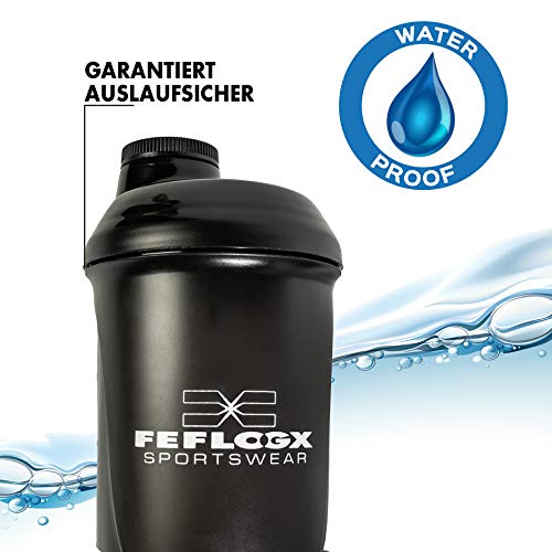 Feflogx Sportswear - Coctelera de proteínas de 600 ml, perfecta para MMA, entrenamiento, artes marciales, fitness, batidora antigoteo, sin BPA, con colador