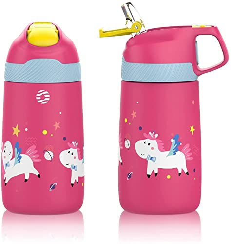 FEIJIAN Botella Agua Acero Inoxidable Niños Sin BPA/Sin Fugas, 350ML Botella Termica con Pajita Doble Pared, Botellas de Frío/Caliente Reutilizable para Colegio