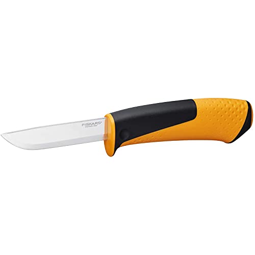 Fiskars Cuchillo universal, Incluye funda con afilador, 21,5 cm, Negro/Naranja, 1023618