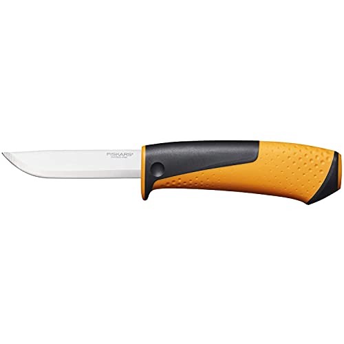 Fiskars Cuchillo universal, Incluye funda con afilador, 21,5 cm, Negro/Naranja, 1023618