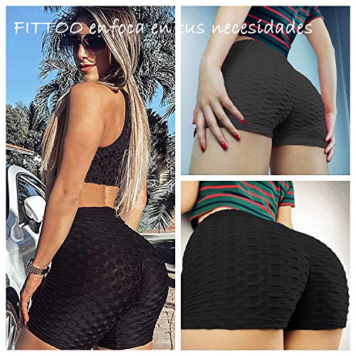 FITTOO Pantalones Cortos Leggings Mujer Mallas Yoga Alta Cintura Elásticos Push Up Suave #1 Negro S