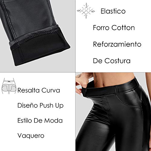 FITTOO PU Leggings Cuero Imitación Pantalón Elásticos Cintura Alta Push Up para Mujer #1 Bolsillo Falso Poca Terciopelo Negro XXL