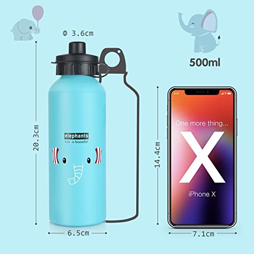 flintronic 500ml Botella de Agua para Niños de Aluminio sin BPA, Botella de Agua para Niños No tóxica, Botella de Agua Deportiva para Guardería Escolar / Viajes (Con 2 Tapas)