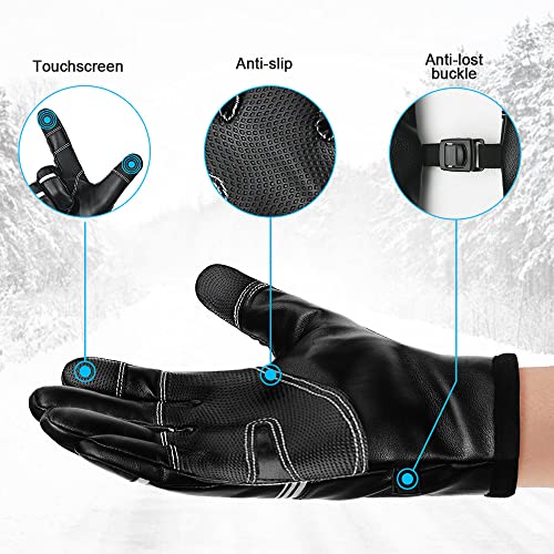 Flintronic Guantes de Cuero con Pantalla Táctil para Hombre, Guantes Suaves Negros Cálidos de Invierno, Guantes de Ciclismo con Forro de Vellón Polar