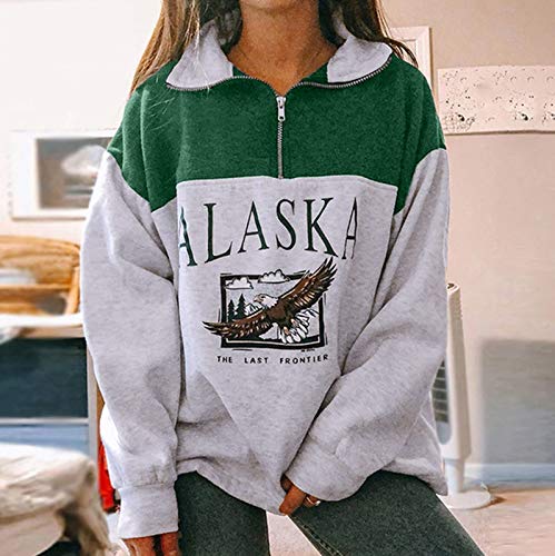 FMYONF Alaska - Sudadera de manga larga para mujer, diseño de hip hop con cremallera 1/4, estilo vintage, verde, XXL