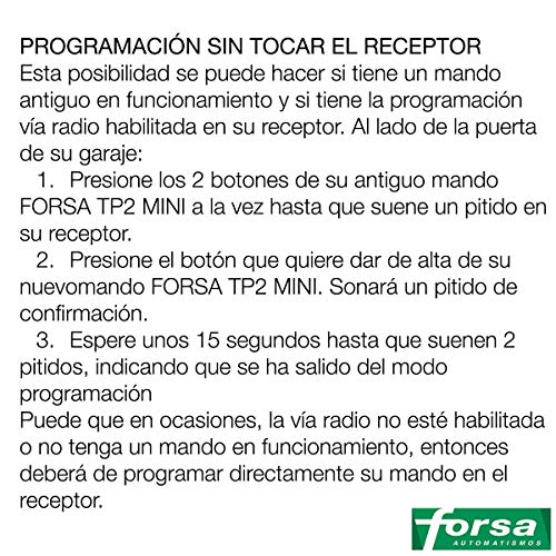 FORSA TP2 MINI Mando Garaje Frecuencia 868 MHz Válido Puertas de Garaje Forsa