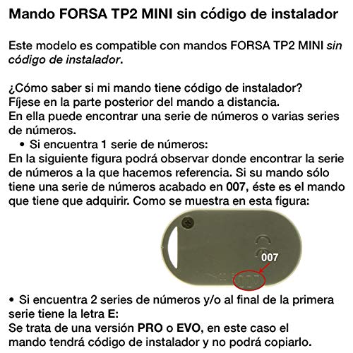 FORSA TP2 MINI Mando Garaje Frecuencia 868 MHz Válido Puertas de Garaje Forsa