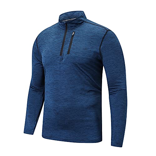 frueo 1/2 Zip Camiseta Running Manga Larga Hombre Camisetas Deportivas de Invierno Secado rápido Camiseta Deportivas Gimnasio con Cremallera Bolsillo,1606,Navy-L