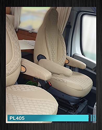 Fundas de Asiento para Conductor y copiloto, compatibles con caravanas, Pössl Weinsberg Knaus Adria Dethleffs Carthago Bürstner Eura Mobil Pilote Laika Kabe Chausson Hobby PL405 (Beige)