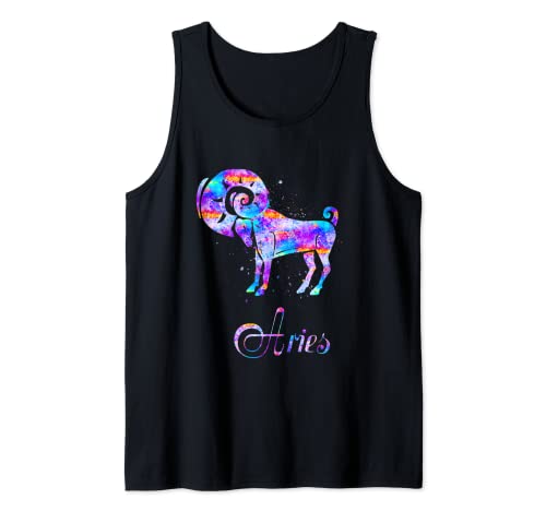 Galaxy Aries signo zodiacal colorido Aries acuarela salpicaduras Camiseta sin Mangas