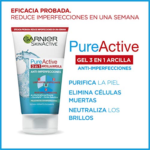 Garnier Skin Active Pure Active 3 en 1 Limpiador, Exfoliante y Mascarilla - 150 ml