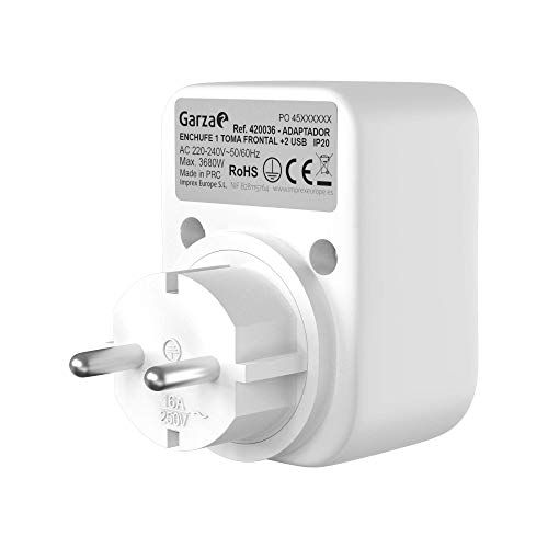 Garza Power - Adaptador de 1 toma Schuko + 2 Conexiones USB, protección Infantil, color Blanco