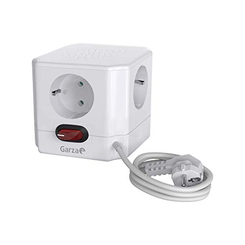 Garza Power - Base múltiple Cubo de 4 tomas Schuko con Interruptor + 2 Conexiones USB, cable 1.5mm x 1.5 metros, color Blanco