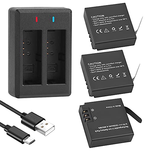 GeeKam Batería de 1350 mAh (3 unidades) con cargador de 2 canales para Akaso Brave 7 LE, Victure AC940/AC960, Campark V40, Rollei 6S Plus/8S Plus/9S Plus, WOLFANG GA420 / GA400