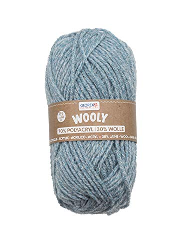 Glorex 5 1002 02 Wooly - Ovillo de lana (70% acrílico, 30% lana, muy suave y cálida, agradable de llevar, 50 g, aprox. 90 m, color azul claro jaspeado, ideal para gorros, bufandas y calentadores.