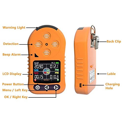 GLRGBHT Detector De Gas Múltiple, Medidor De Monitor De Gas Portátil De Mano Probador De O2 CO H2S LEL con Pantalla LCD Alarmas De Luz De Sonido Sensor De Gas