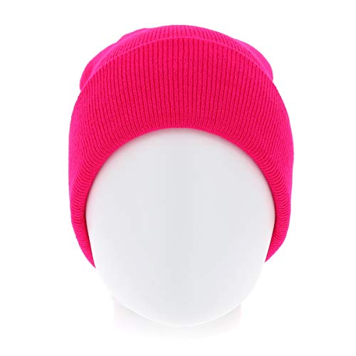 Gorro Hombre o Mujer Rosa Neon Liso - Gorro de Punto Invierno Basic sin Pompon - 100% Acrílico - Beanie de Color sólido - Modelo Simple y Clásico sin Marca - Talla única