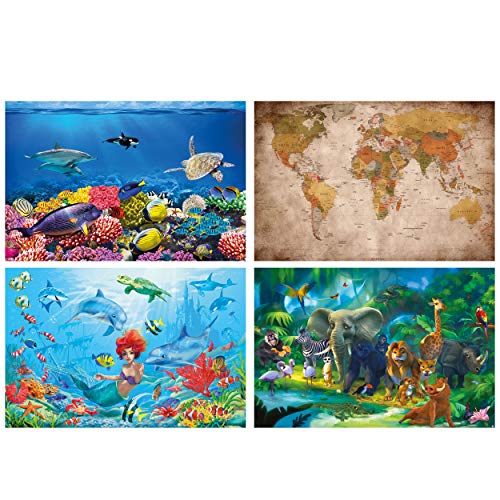 GREAT ART® Juego de 4 carteles con motivos infantiles | Din A2 - 42 x 59,4 | animales marinos y terrestres | acuario de arrecife mapa retro sirena | Cuadros para niños decoración póster