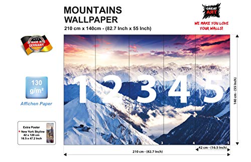 GREAT ART® Mural De Pared – Alpes Panorama – Foto Mural Decoración Invierno Puesta De Sol Nieve Paisaje Naturaleza Montañas Glaciar Tapiz Cumbre Del Paisaje De Invierno (210x140 Cm)