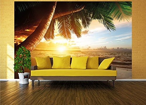 GREAT ART Mural de pared – Puesta De Sol En La Playa – Verano Caribe Paisaje Mar Naturaleza Playa Puesta De Sol Sueño Vacaciones Foto Papel Pintado Y Tapiz Y Decoración (336 x 238 cm)