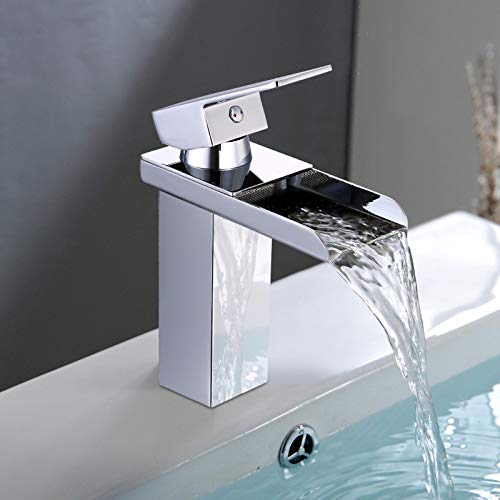 Grifo Lavabo APEXFORGE, Grifo Lavabo Cascada, Grifo Baño de Acero Inoxidable con Agua Fría y Caliente Disponible, Grifo Cascada Monomando con Válvula De Cerámica, Universal de 3/8"