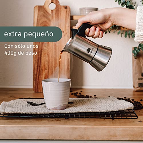 Groenenberg Cafetera Italiana 2 Tazas (100 ml) | Cafetera Moka pequeña de Acero Inoxidable (INOX) | Cafetera Espresso Manual con Junta de Repuesto e Instrucciones | Espresso Maker sin Aluminio