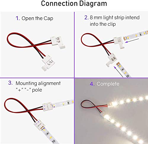 GTIWUNG 20Pcs 8mm 3528 Kit de Conector de Barra de Luz LED, 2Pin Conectores Tiras Led, 6 x Cable de Conexión + 8 x Conectores 2-pin + 2 x DC Cable Divisor 1 a 2 + 4 x 5.5X2.1mm DC Connector